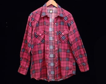 90's burgundy plaid flannel shirt / vintage pearl snap western shirt / Karman cowboy wear / size L