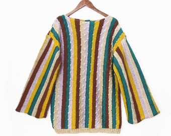 70's long striped sweater / hand knit vintage / bell sleeve tunic / women's size M