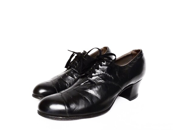 40's ladies black leather oxfords / vintage 1940's