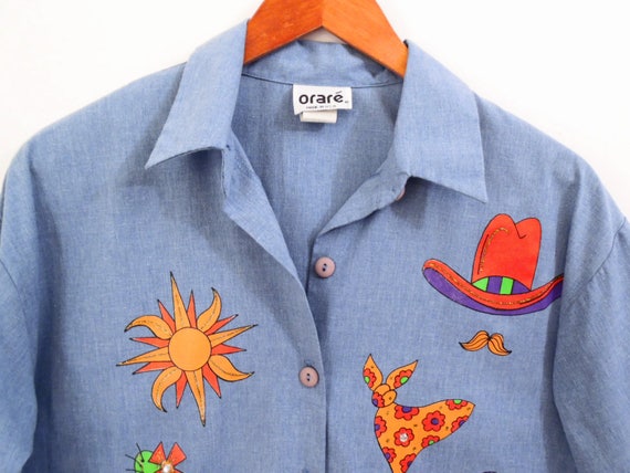 80's novelty western shirt / blue chambray / vint… - image 5