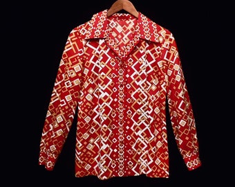 70's RED geometric psychedelic blouse / polyester gabardine / fitted mod hippie shirt / 38" bust size M