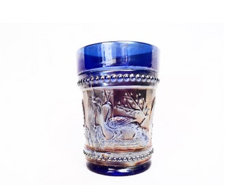Peacock At The Fountain / vintage Carnival glass / cobalt blue drinking glass / Dugan