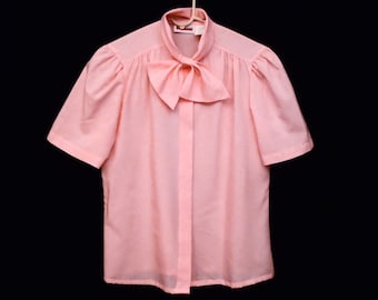 vintage 80's PINK puff sleeve blouse / sheer polyester crepe / ascot blouse / by Judy Bond / size 10 M / 40" bust