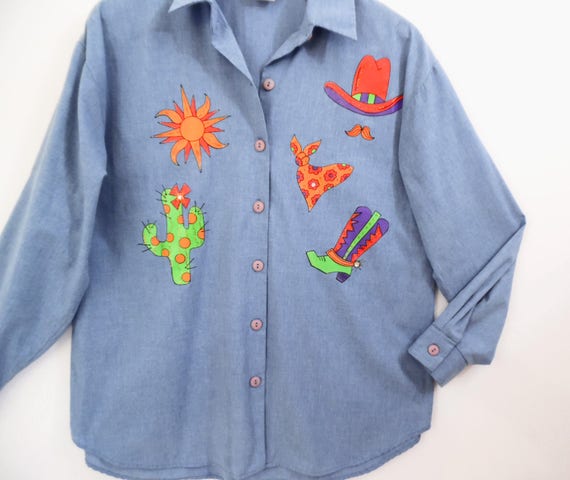 80's novelty western shirt / blue chambray / vint… - image 3