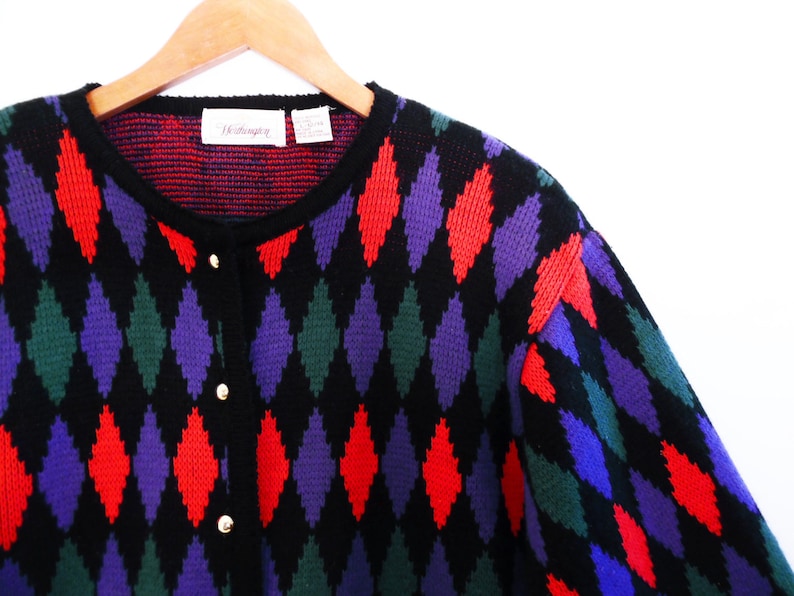 80/'s vintage argyle cardigan sweater color block geometric pink and purple size L
