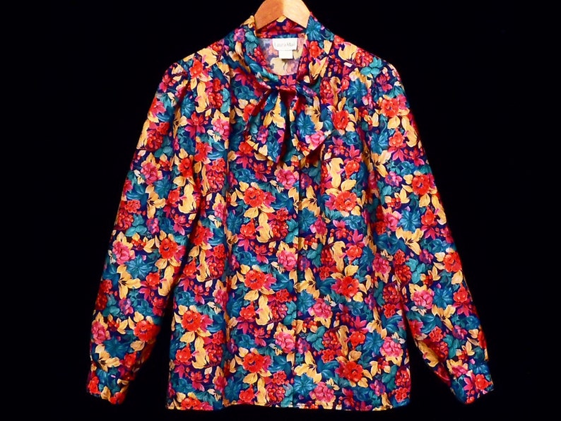 80/'s FLORAL puff sleeve blouse made in USA vintage shirt size 12 by Laura Mae