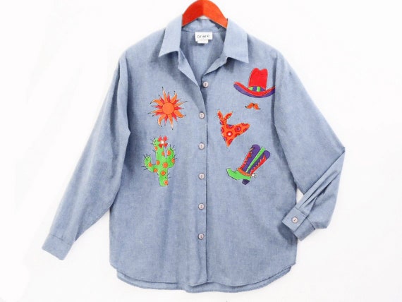 80's novelty western shirt / blue chambray / vint… - image 1