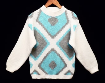 80's chunky sweater / vintage southwest pattern / turquoise and white / acrylic knit / size L