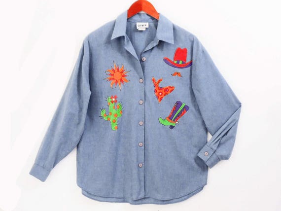 80's novelty western shirt / blue chambray / vint… - image 2