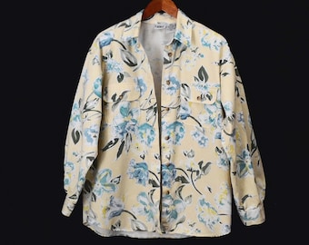 80's baggy floral denim shirt / vintage pale yellow twill / women's size M