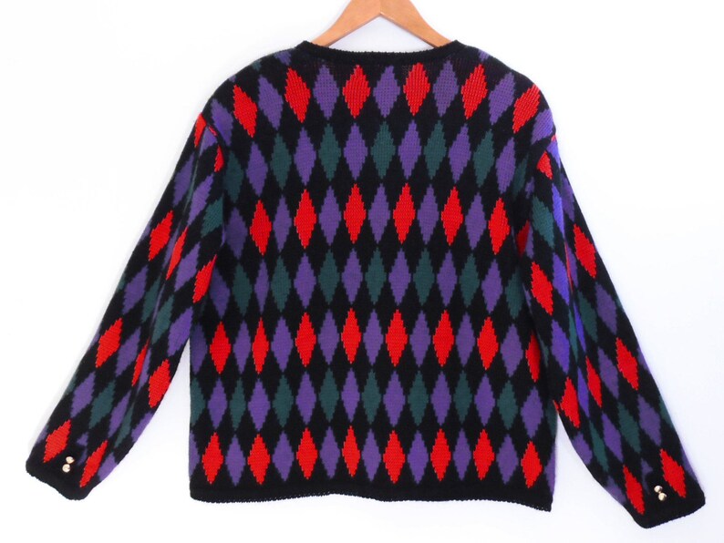 80/'s vintage argyle cardigan sweater color block geometric pink and purple size L
