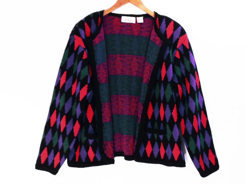 80/'s vintage argyle cardigan sweater color block geometric pink and purple size L