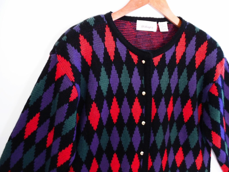 80/'s vintage argyle cardigan sweater color block geometric pink and purple size L
