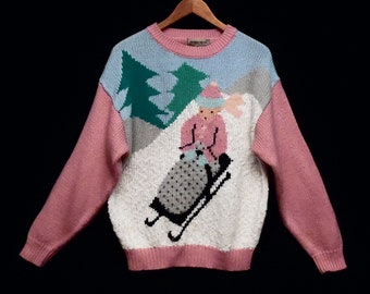 80's novelty pullover sweater / mountain sledding / winter scene / women's size S