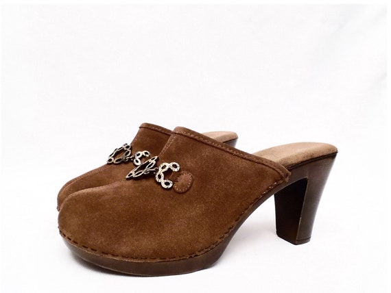 90's leather mules / vintage suede platform clogs