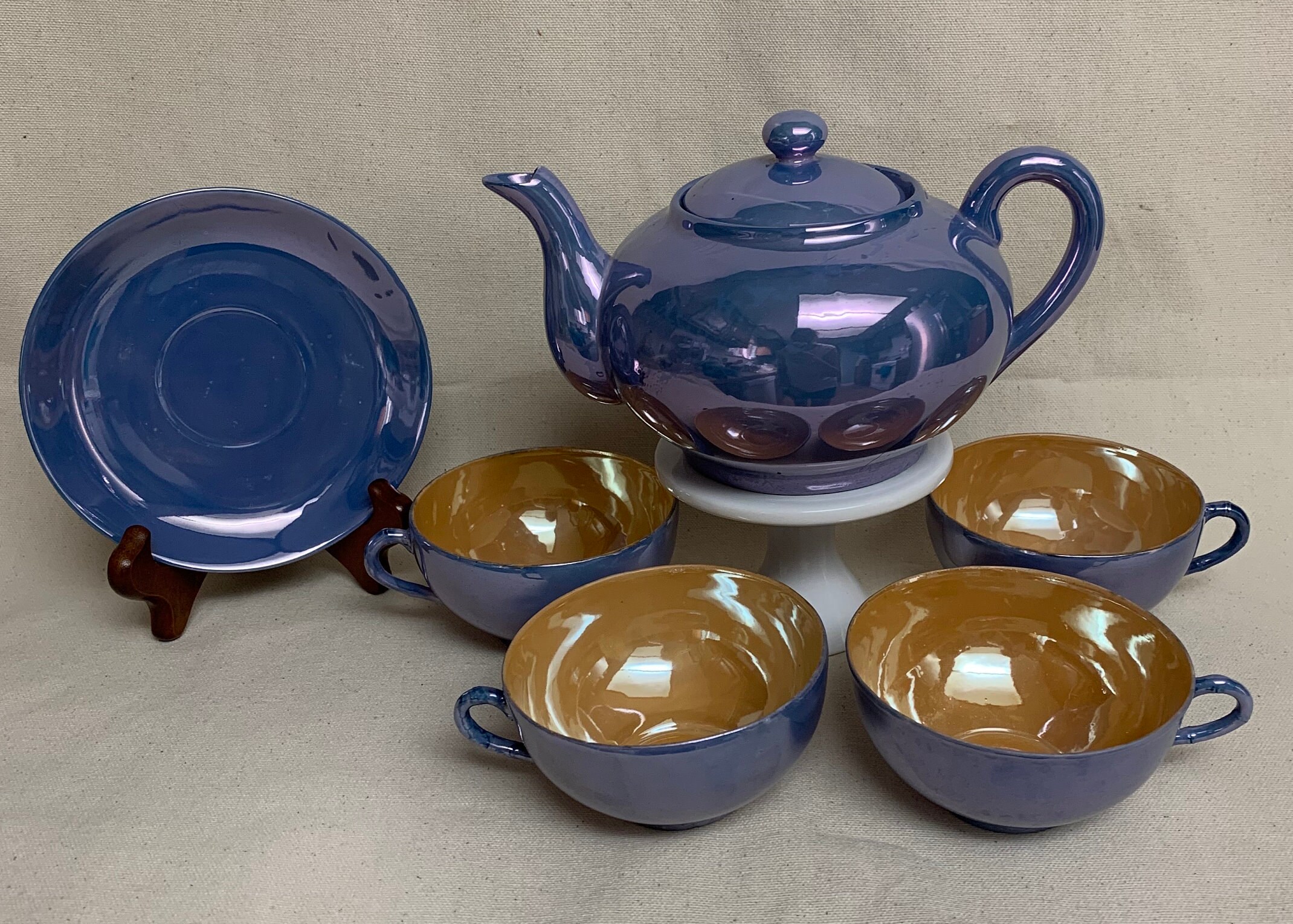 Blue Peach Japanese Lusterware Teapot and Cups (and Saucer