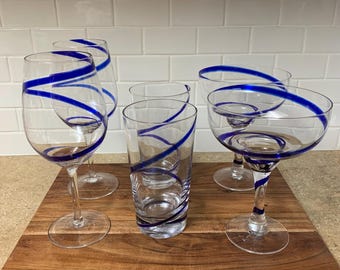 Sets of 2 Vintage Pier 1 Cobalt Blue Swirline Glasses