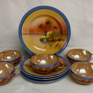 Set of 4 Vintage Takito Japanese Lusterware Dessert Plates & 5 Cups