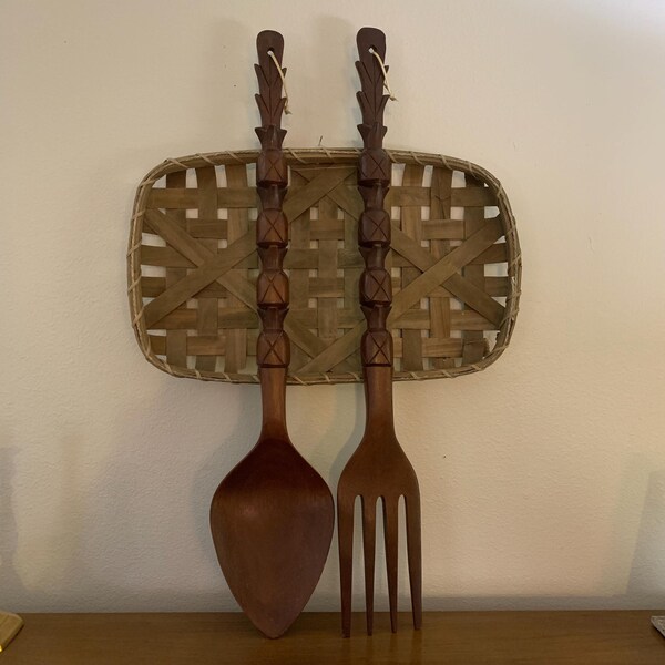 Vintage Giant 36" Carved Wood Fork & Spoon