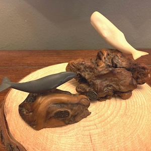 Vintage John Perry Whale Sculptures on Natural Wood Choice of Blue or Sperm Whales