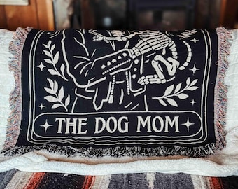 Skeleton Dog Mom Tarot Card Woven Throw Blanket