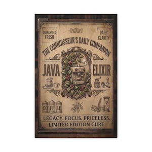 Puede incluir: Ilustración de estilo vintage con temática de café. La obra de arte presenta el texto "The Connoisseur's Daily Companion" y "Java Elixir". Incluye ilustraciones de equipos para hacer café, granos de café y tazas. La paleta de colores es principalmente marrón y beige.