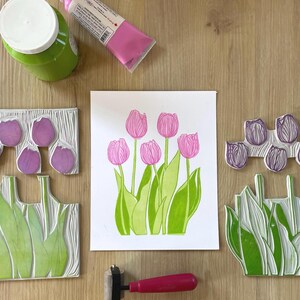 Bouquet de tulipes imprimé linogravure fait main