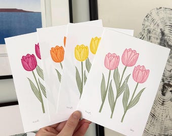 Linogravure artisanale de tulipes | Art floral