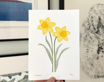 Impression linogravure jonquille faite main | art floral