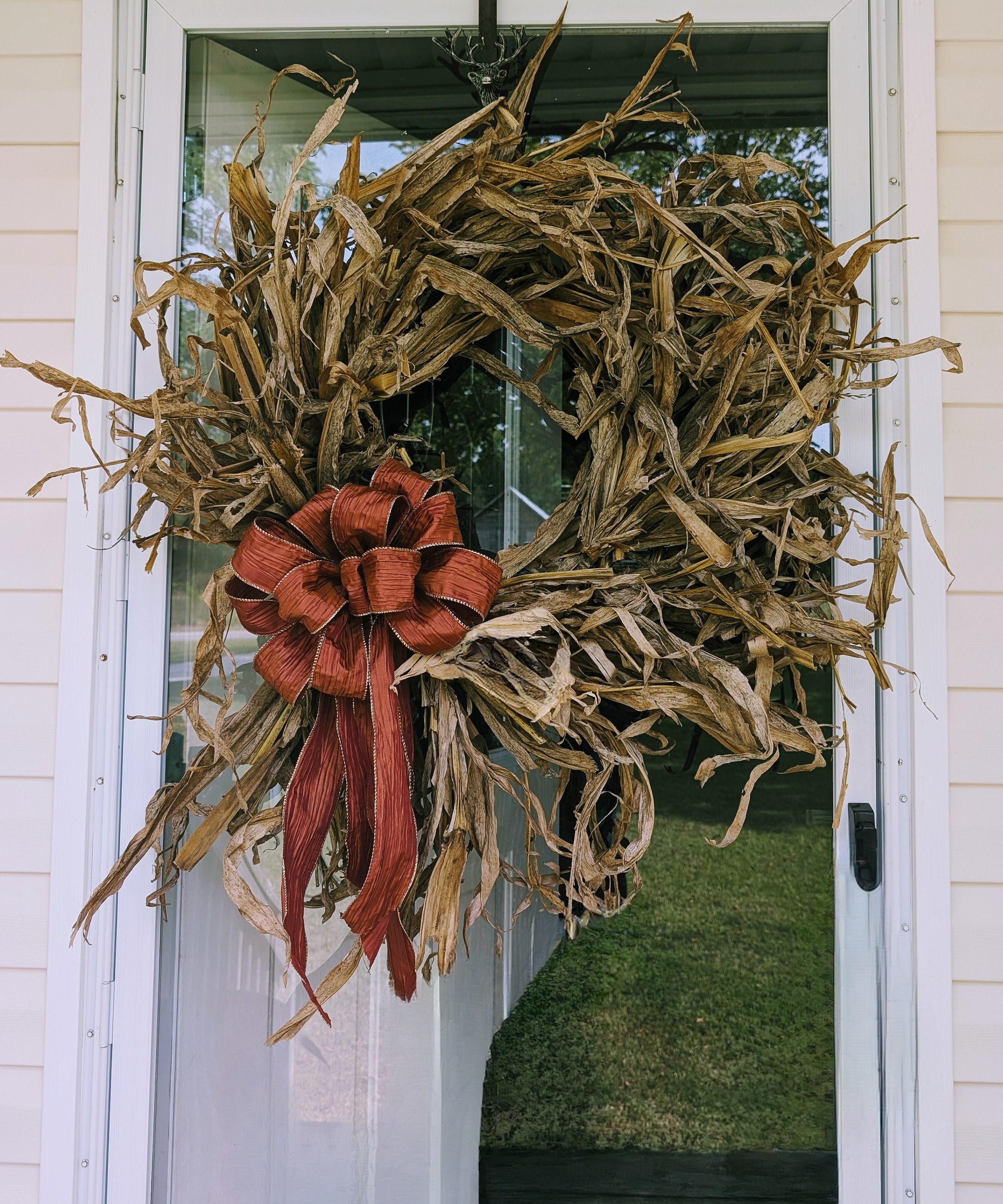 Corn Husk Wreath with Large Rust/ gold trimmed Bow