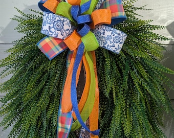 Blue/Orange Plaid Fall  Designer Ribbon Bow
