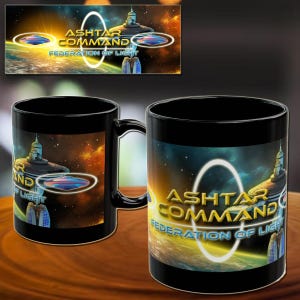 May include: Black ceramic mug featuring a space-themed design with the text "ASHTAR COMMAND FEDERATION OF LIGHT." The design includes a spaceship, planets, and a glowing ring. The mug has a black handle and a glossy finish.