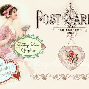 Cartão postal vintage de dia dos namorados, download digital grande, rosas rosas, corações, cartão postal vintage, compre 3 e ganhe um grátis