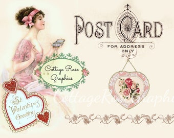 Vintage Valentine Postcard: Pink Roses & Hearts (Digital Download)