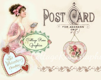 Vintage Valentine Postcard Large digital download Pink Roses Hearts vintage Postcard buy 3 get one free