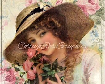 Vintage 1912 Victorian Lady with Roses Art (Digital Download)
