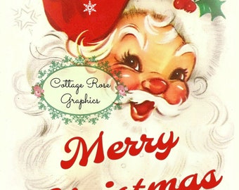 Retro Santa Merry Christmas Image: Shabby Red Design (Digital Download)