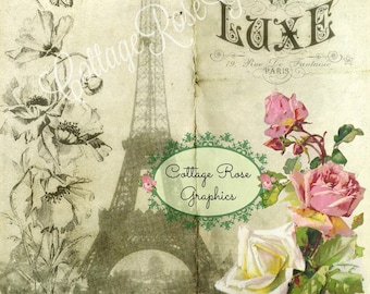 French Ephemera Digital book page pink roses single image BUY 3 get one FREE download
