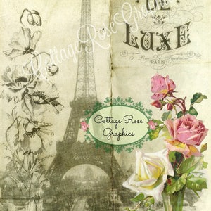 French Ephemera Digital book page pink roses single image BUY 3 get one FREE download image 1