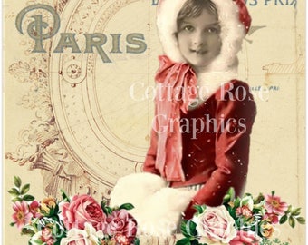Vintage photo Winter in Paris girl pink roses Christmas digital collage ECS buy 3 get one free SVFteam