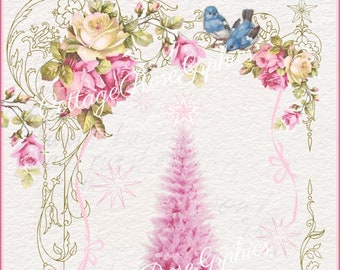 Pink Christmas Tree & Roses bluebirds Large digital download Printable buy 3 get one free