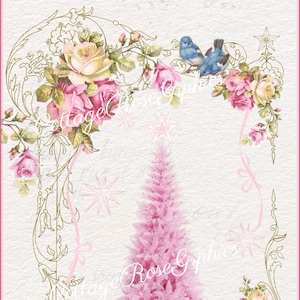 Pink Christmas Tree & Roses bluebirds Large digital download Printable buy 3 get one free image 1