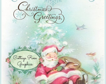 Vintage Santa Napping with deer with Christmas Greeting Text Large digital download buy 3 get one free