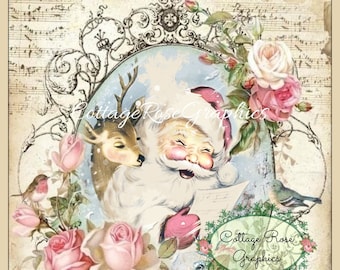 Pink Christmas Santa with Reindeer Roses digital download