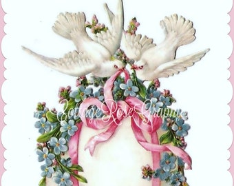 Vintage Doves Easter Egg Graphic: Forget-Me-Nots, Pink Ribbons (Digital Download)