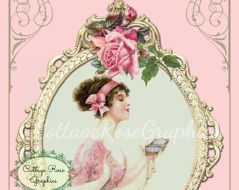 Vintage Lady with Roses in Gold Frame: Edwardian Digital Download