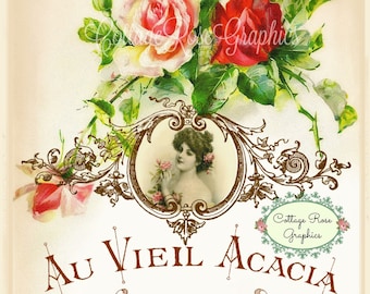 French Script Pink Roses Vintage Ephemera (Digital Download)
