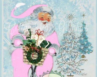 May include: A vintage Christmas card featuring a cartoon Santa Claus riding a bicycle with a basket of gifts. The card has a blue background with snowflakes and a white Christmas tree with gold ornaments. The text "Christmas Greetings" is written in brown cursive.
