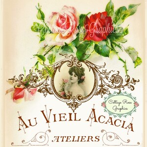 French Script Pink Roses Vintage Ephemera (Digital Download)
