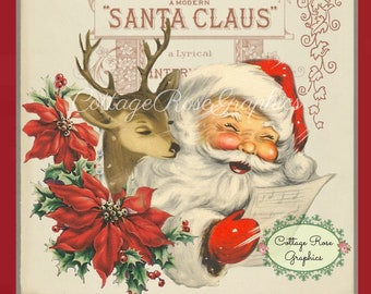 Retro Santa with Reindeer: Red Christmas Digital Download